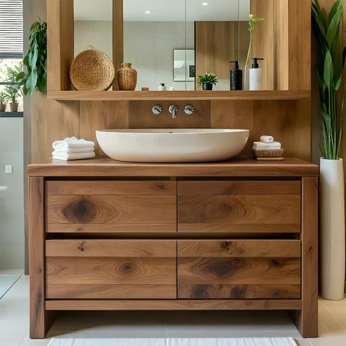 Modern Natural Solid Wood Vanity with Wide Grain Drawers - Elitegemse