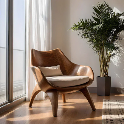 Modern Sculptural Natural Solid Wood Lounge Chair - Woodenecho
