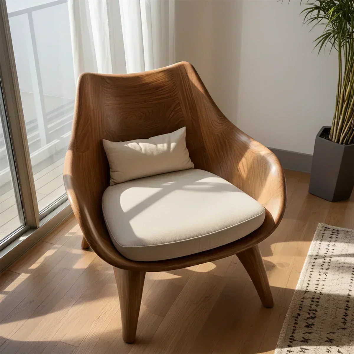 Modern Sculptural Natural Solid Wood Lounge Chair - Woodenecho