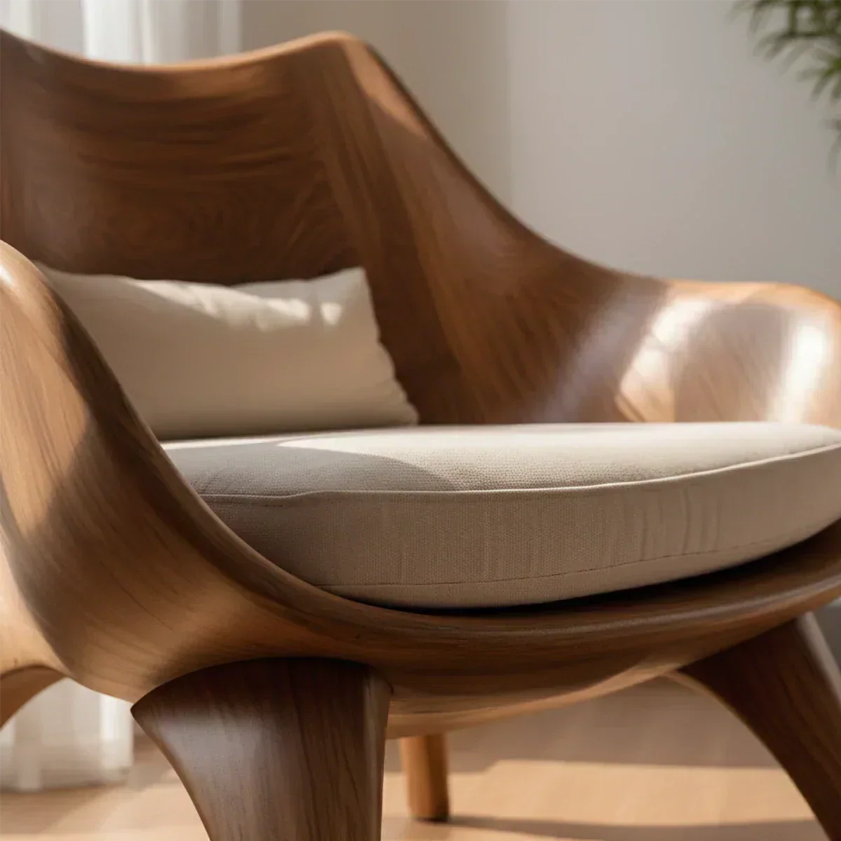 Modern Sculptural Natural Solid Wood Lounge Chair - Woodenecho