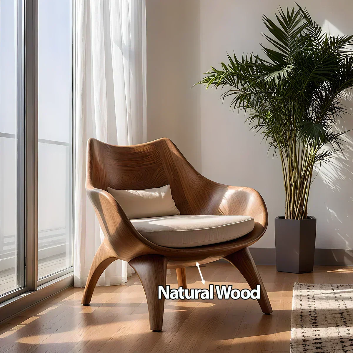 Modern Sculptural Natural Solid Wood Lounge Chair - Woodenecho