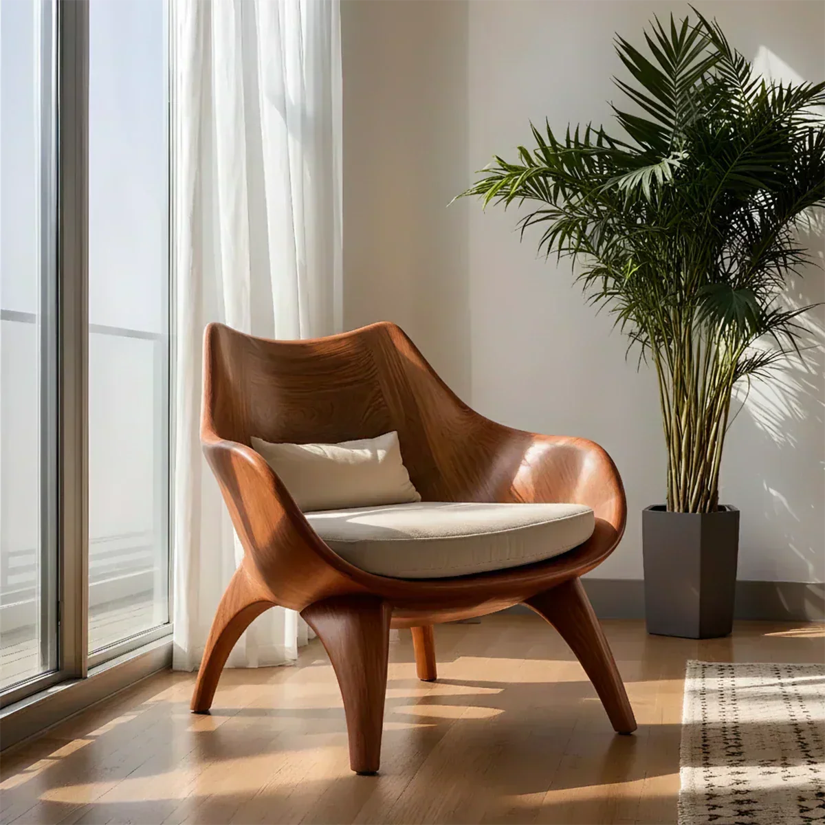 Modern Sculptural Natural Solid Wood Lounge Chair - Woodenecho