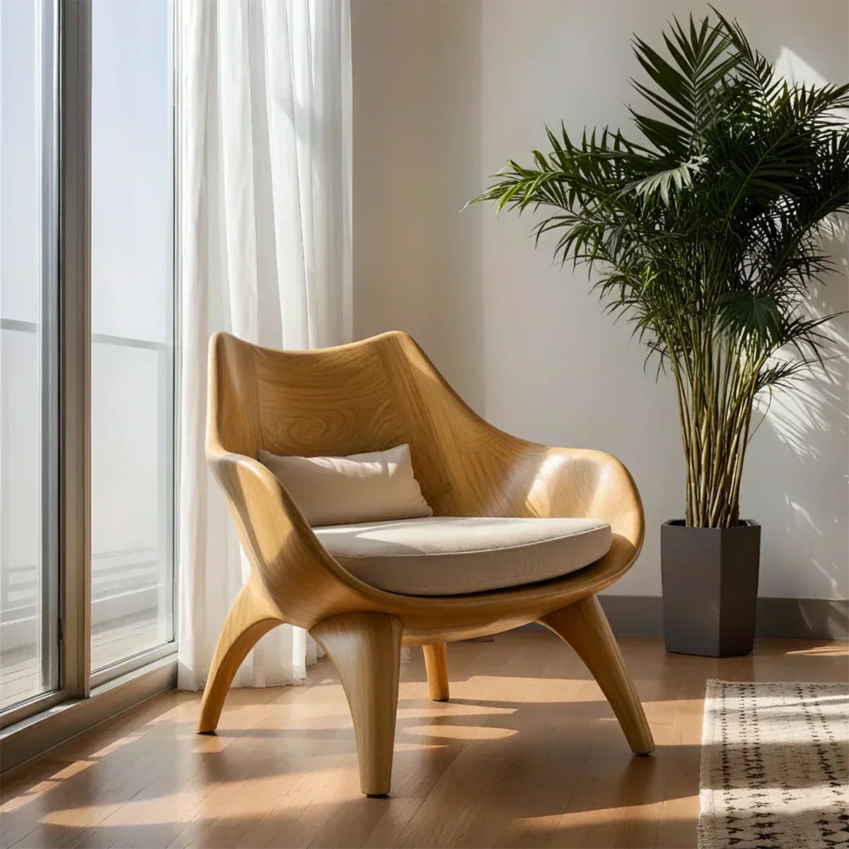 Modern Sculptural Natural Solid Wood Lounge Chair - Woodenecho