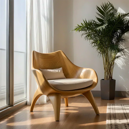 Modern Sculptural Natural Solid Wood Lounge Chair - Woodenecho