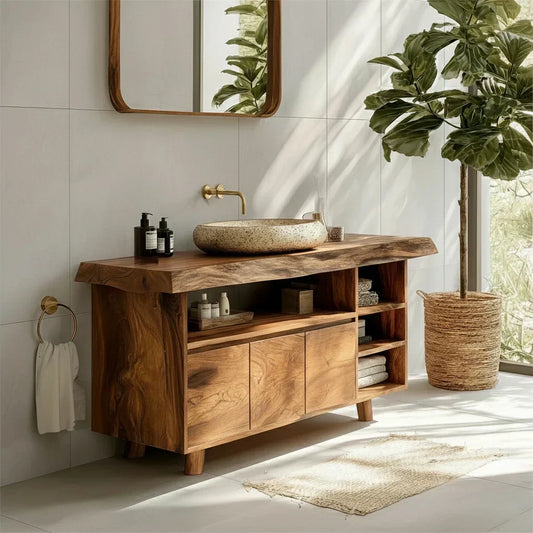 Modern Solid Wood Bathroom Vanity with Live Edge Counter & Storage - Elitegemse