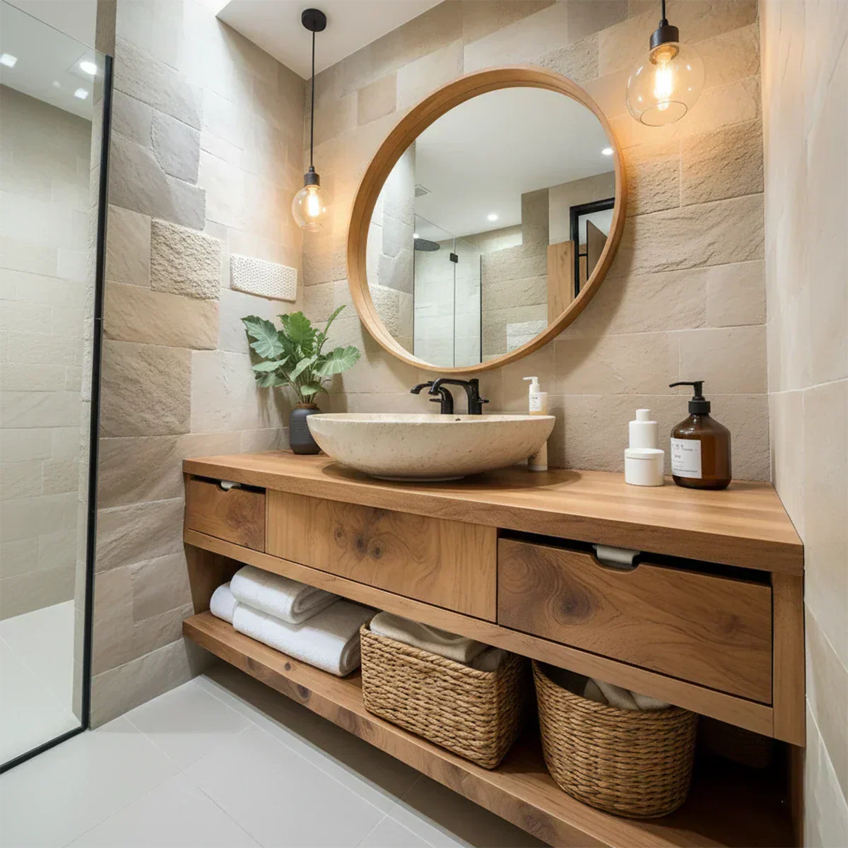 Modern Solid Wood Bathroom Vanity with Storage Shelf - Elitegemse