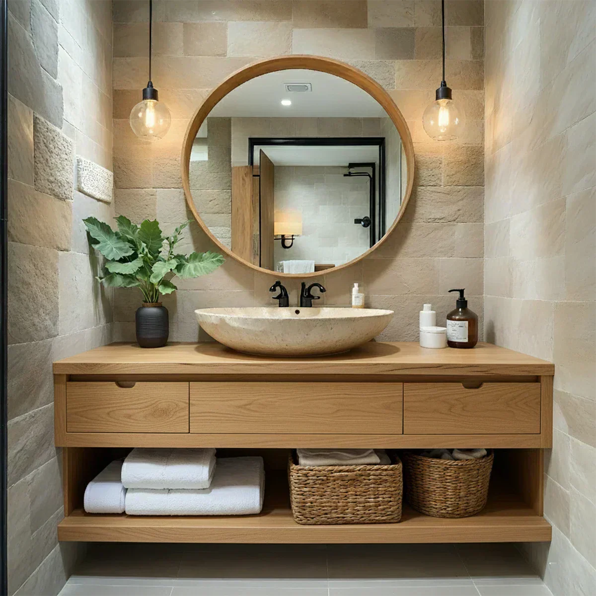 Modern Solid Wood Bathroom Vanity with Storage Shelf - Elitegemse