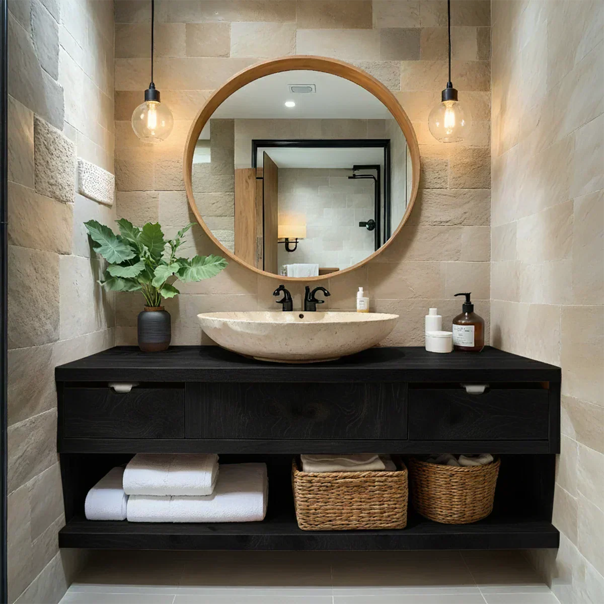Modern Solid Wood Bathroom Vanity with Storage Shelf - Elitegemse