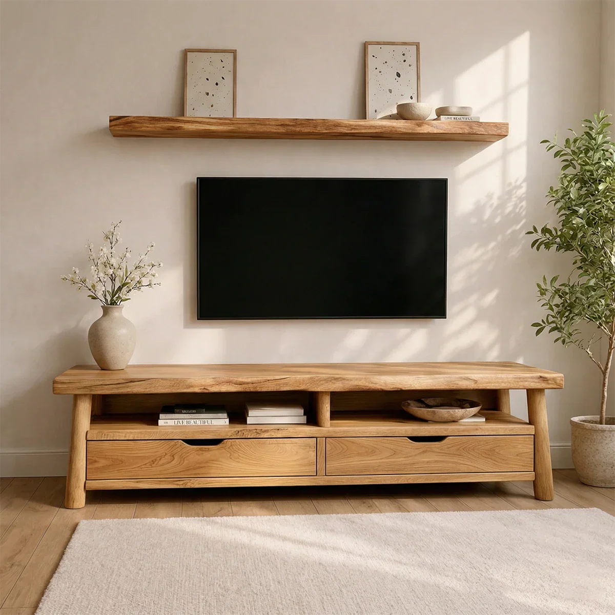 Modern Solid Wood TV Stand with Drawers and Open Shelf Storage - Elitegemse