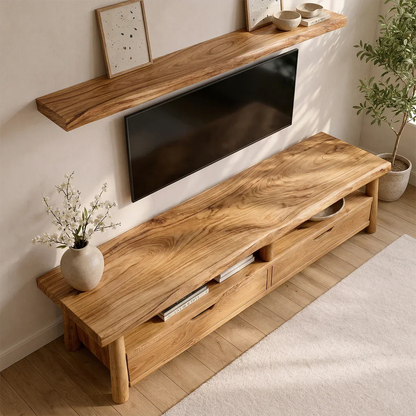Modern Solid Wood TV Stand with Drawers and Open Shelf Storage - Elitegemse
