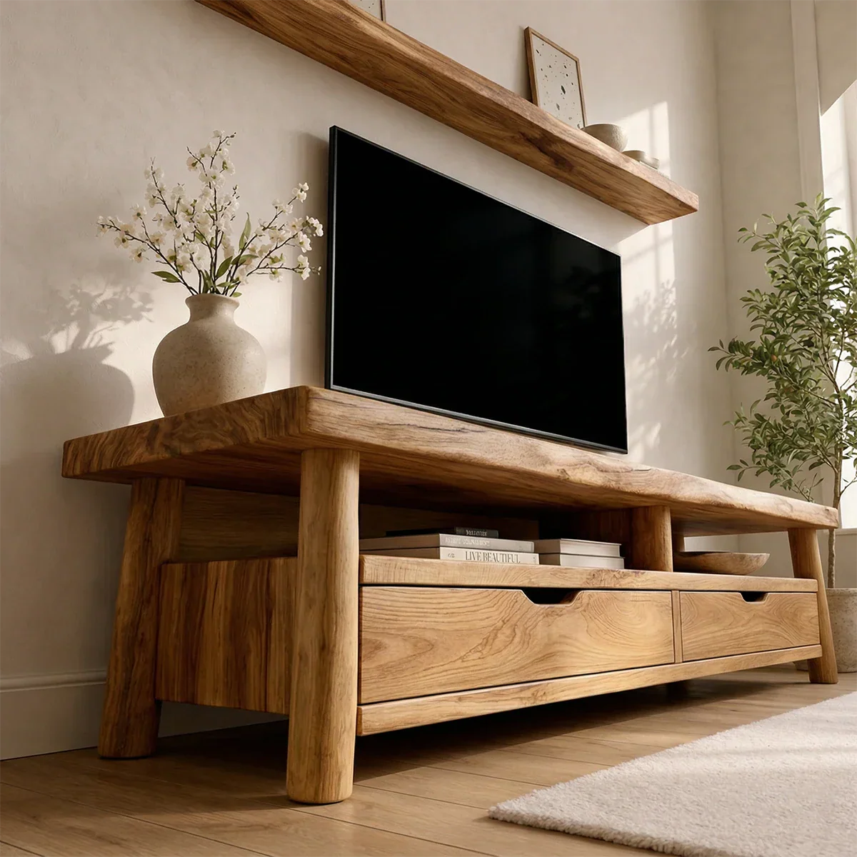 Modern Solid Wood TV Stand with Drawers and Open Shelf Storage - Elitegemse