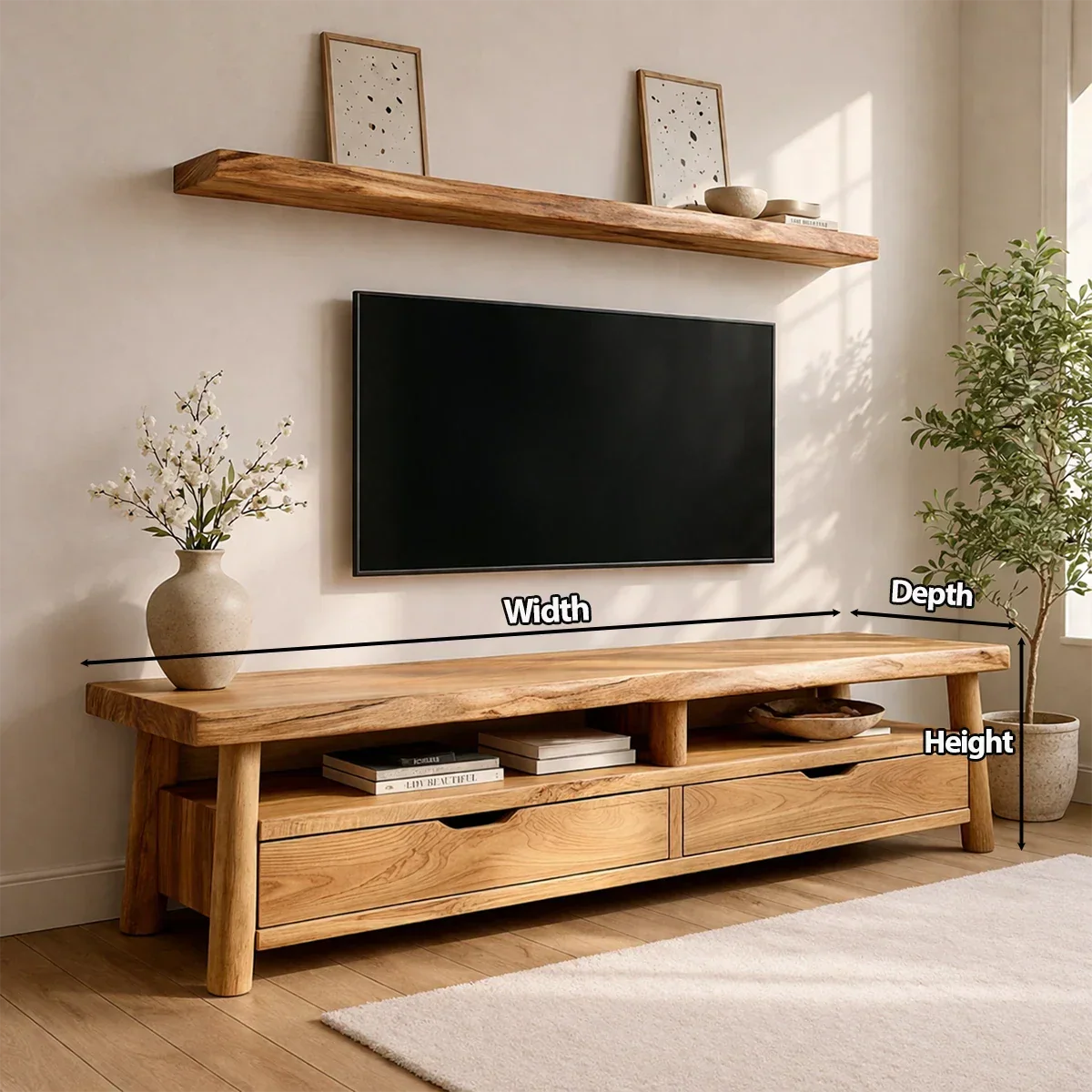 Modern Solid Wood TV Stand with Drawers and Open Shelf Storage - Elitegemse