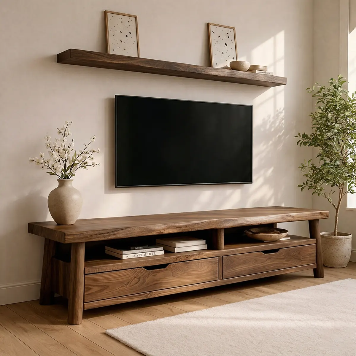 Modern Solid Wood TV Stand with Drawers and Open Shelf Storage - Elitegemse