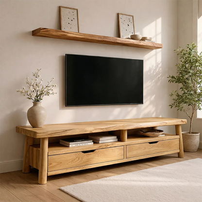 Modern Solid Wood TV Stand with Drawers and Open Shelf Storage - Elitegemse