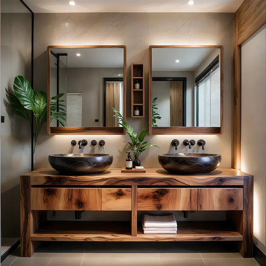 Modern Twin-Basin Natural Solid Wood Bathroom Vanity - Elitegemse