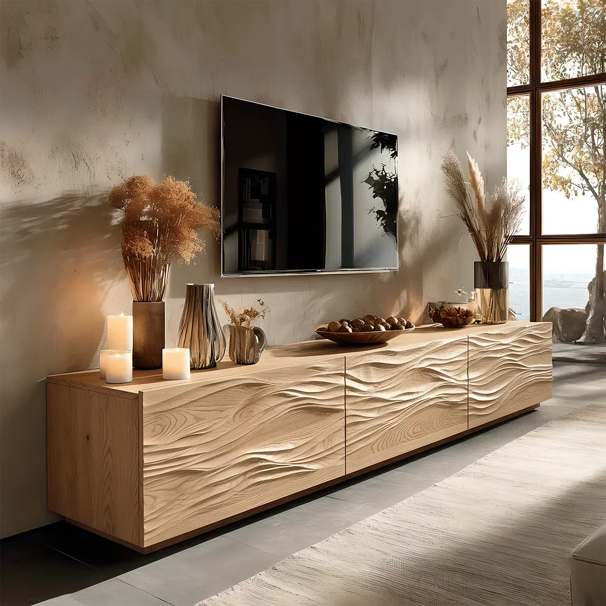 Modern Wavy Solid Wood TV Stand – Sculpted Minimalist Media Console - Elitegemse