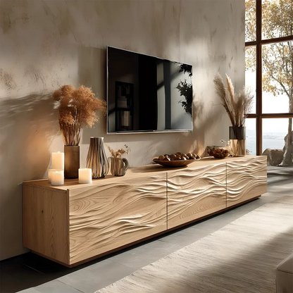 Modern Wavy Solid Wood TV Stand – Sculpted Minimalist Media Console - Elitegemse