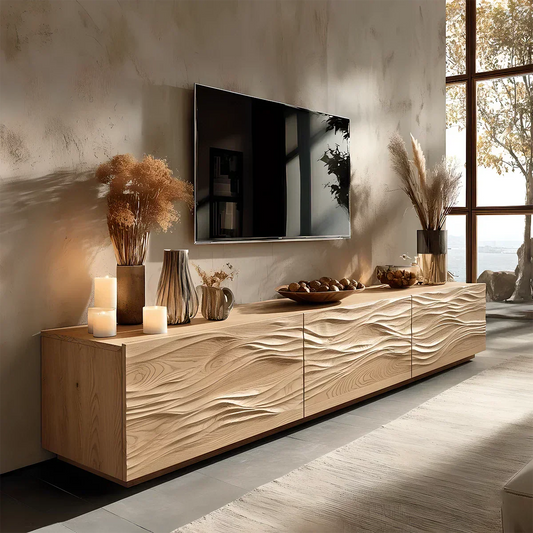 Modern Wavy Solid Wood TV Stand – Sculpted Minimalist Media Console - Elitegemse
