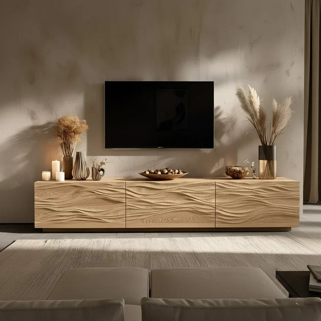 Modern Wavy Solid Wood TV Stand – Sculpted Minimalist Media Console - Elitegemse