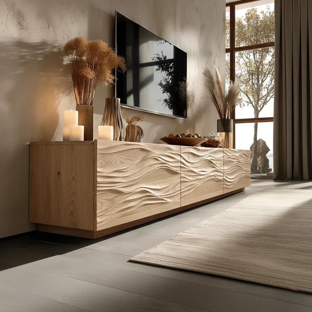 Modern Wavy Solid Wood TV Stand – Sculpted Minimalist Media Console - Elitegemse