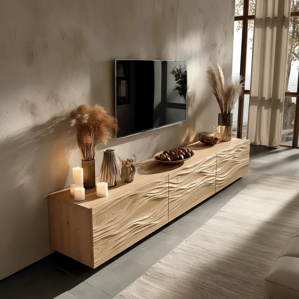 Modern Wavy Solid Wood TV Stand – Sculpted Minimalist Media Console - Elitegemse