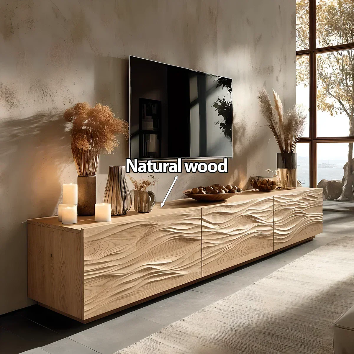 Modern Wavy Solid Wood TV Stand – Sculpted Minimalist Media Console - Elitegemse