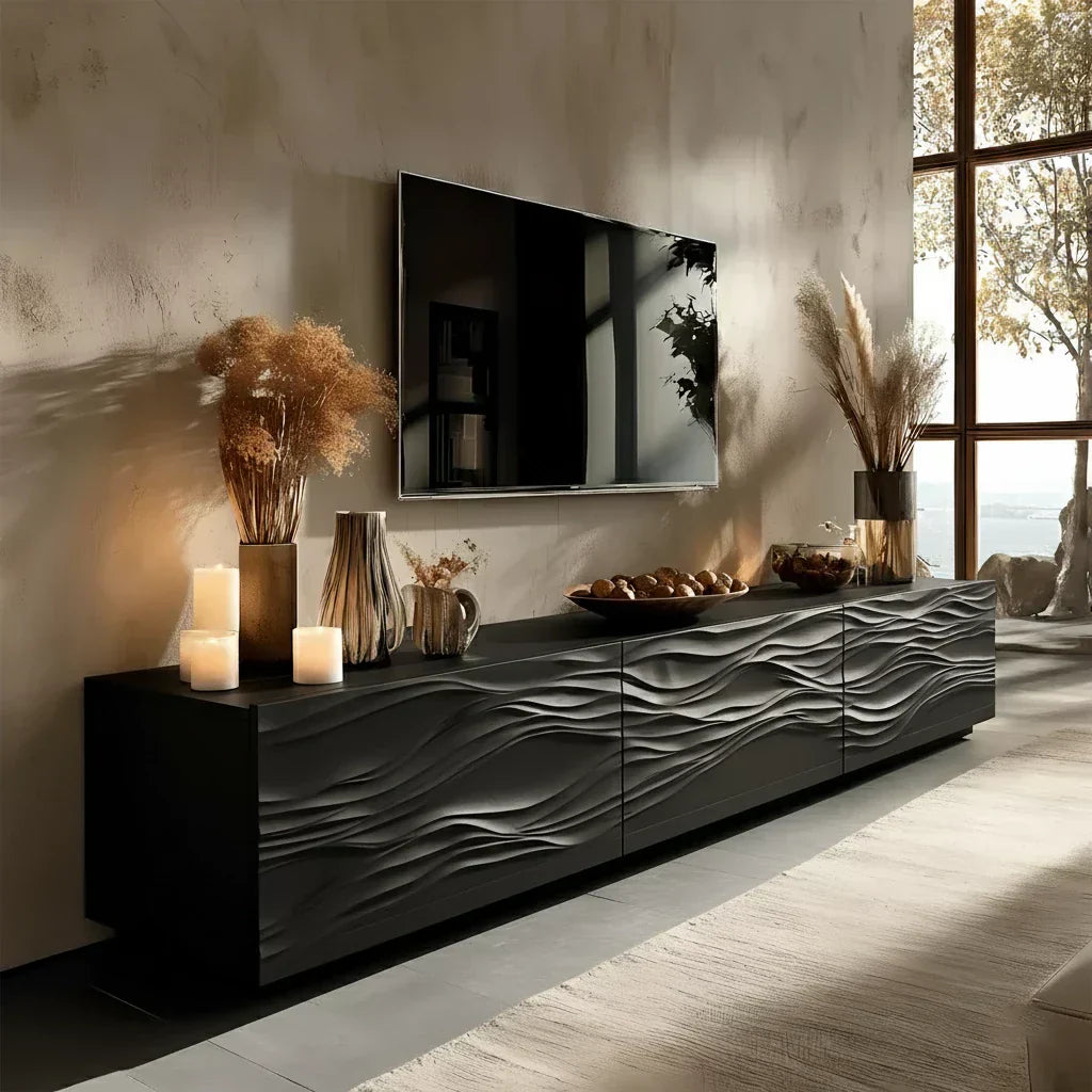 Modern Wavy Solid Wood TV Stand – Sculpted Minimalist Media Console - Elitegemse