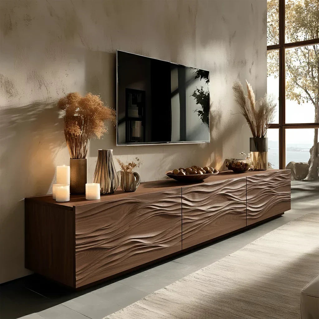 Modern Wavy Solid Wood TV Stand – Sculpted Minimalist Media Console - Elitegemse