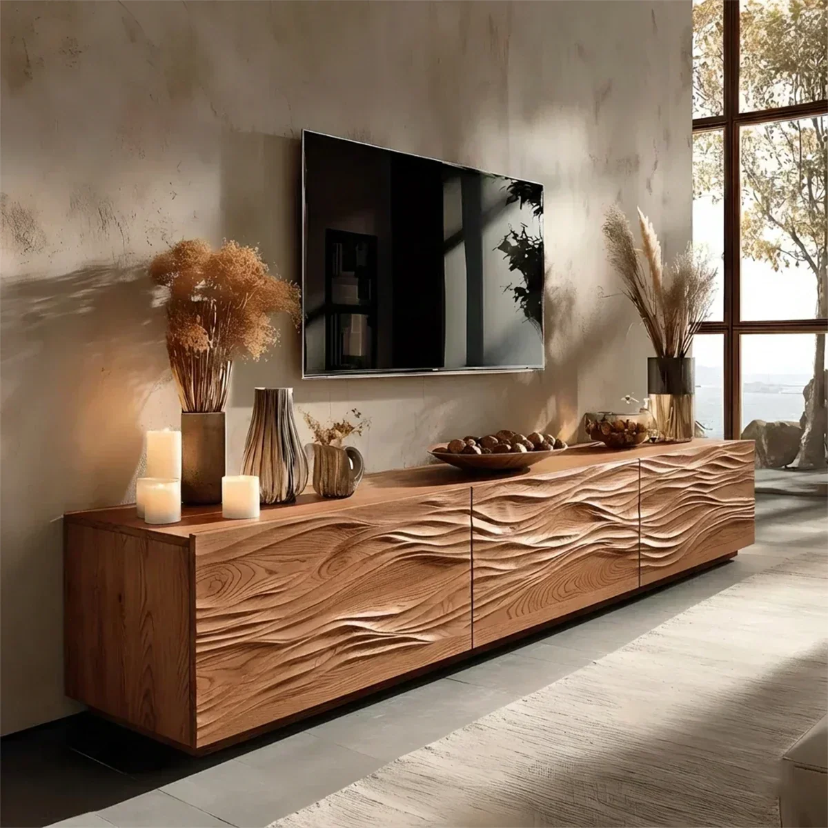 Modern Wavy Solid Wood TV Stand – Sculpted Minimalist Media Console - Elitegemse
