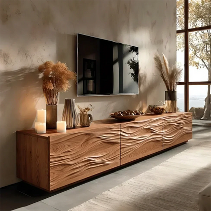 Modern Wavy Solid Wood TV Stand – Sculpted Minimalist Media Console - Elitegemse