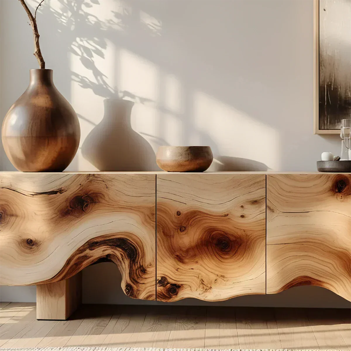 Natural Burl Flow Solid Wood TV Console – Wabi Sabi Organic Design - Elitegemse