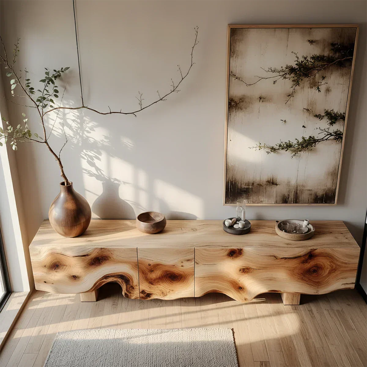 Natural Burl Flow Solid Wood TV Console – Wabi Sabi Organic Design - Elitegemse