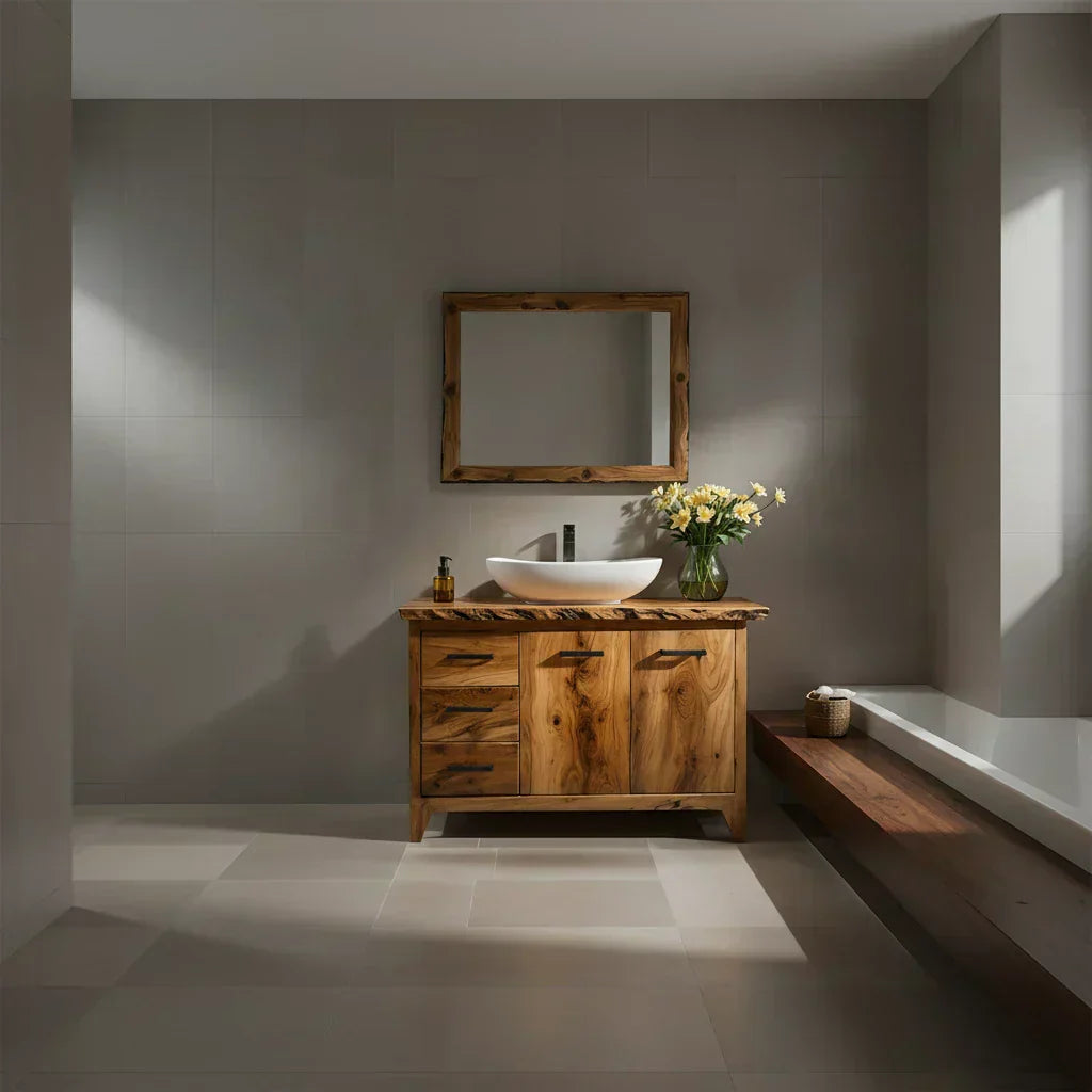 Natural Solid Wood Bathroom Vanity – Rustic Natural Edge Style - Woodenecho