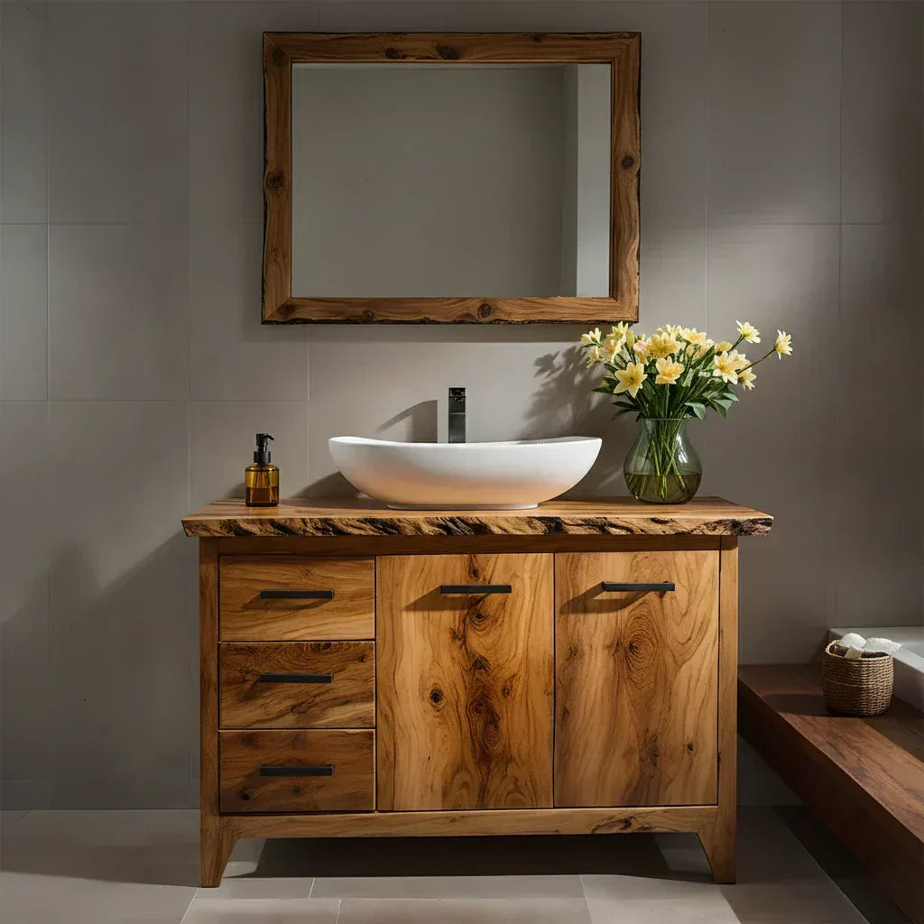 Natural Solid Wood Bathroom Vanity – Rustic Natural Edge Style - Woodenecho