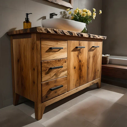 Natural Solid Wood Bathroom Vanity – Rustic Natural Edge Style - Woodenecho
