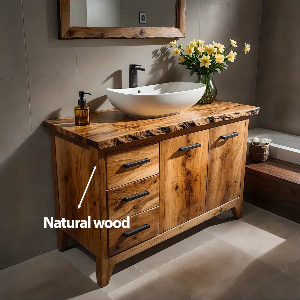 Natural Solid Wood Bathroom Vanity – Rustic Natural Edge Style - Woodenecho