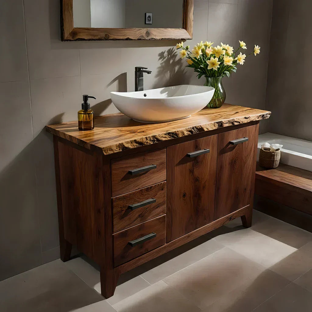 Natural Solid Wood Bathroom Vanity – Rustic Natural Edge Style - Woodenecho