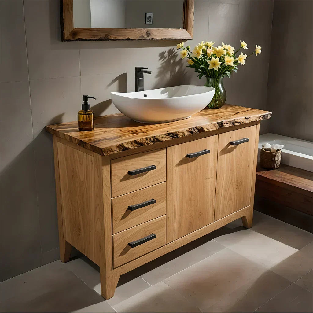 Natural Solid Wood Bathroom Vanity – Rustic Natural Edge Style - Woodenecho