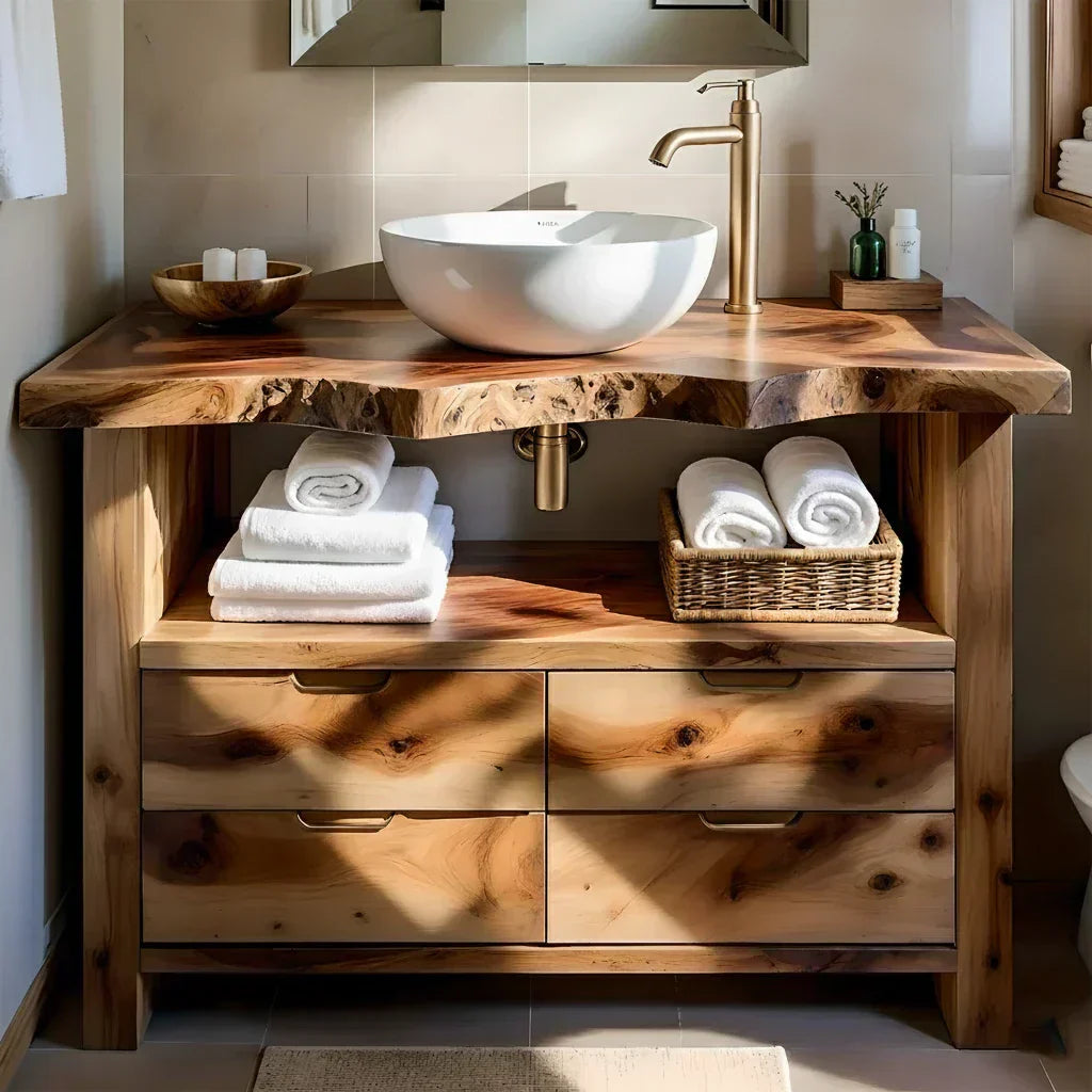 Natural Solid Wood Bathroom Vanity – Wabi-Sabi Live Edge Style - Woodenecho