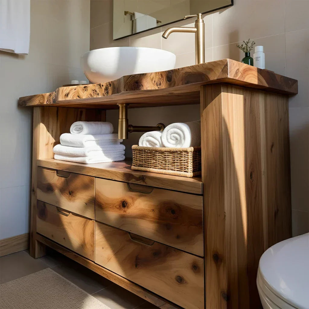 Natural Solid Wood Bathroom Vanity – Wabi-Sabi Live Edge Style - Woodenecho