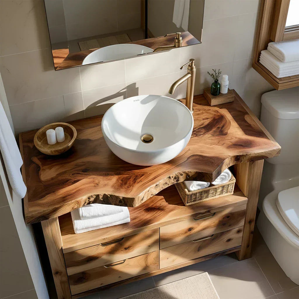 Natural Solid Wood Bathroom Vanity – Wabi-Sabi Live Edge Style - Woodenecho