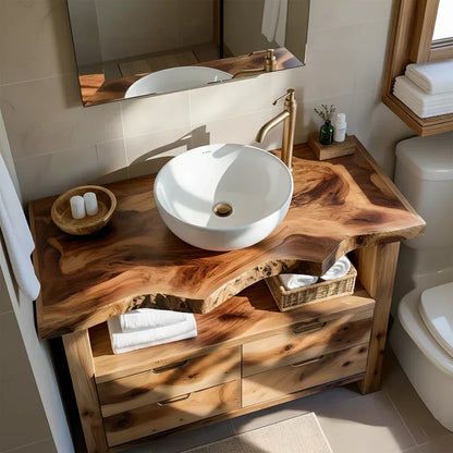 Natural Solid Wood Bathroom Vanity – Wabi-Sabi Live Edge Style - Woodenecho