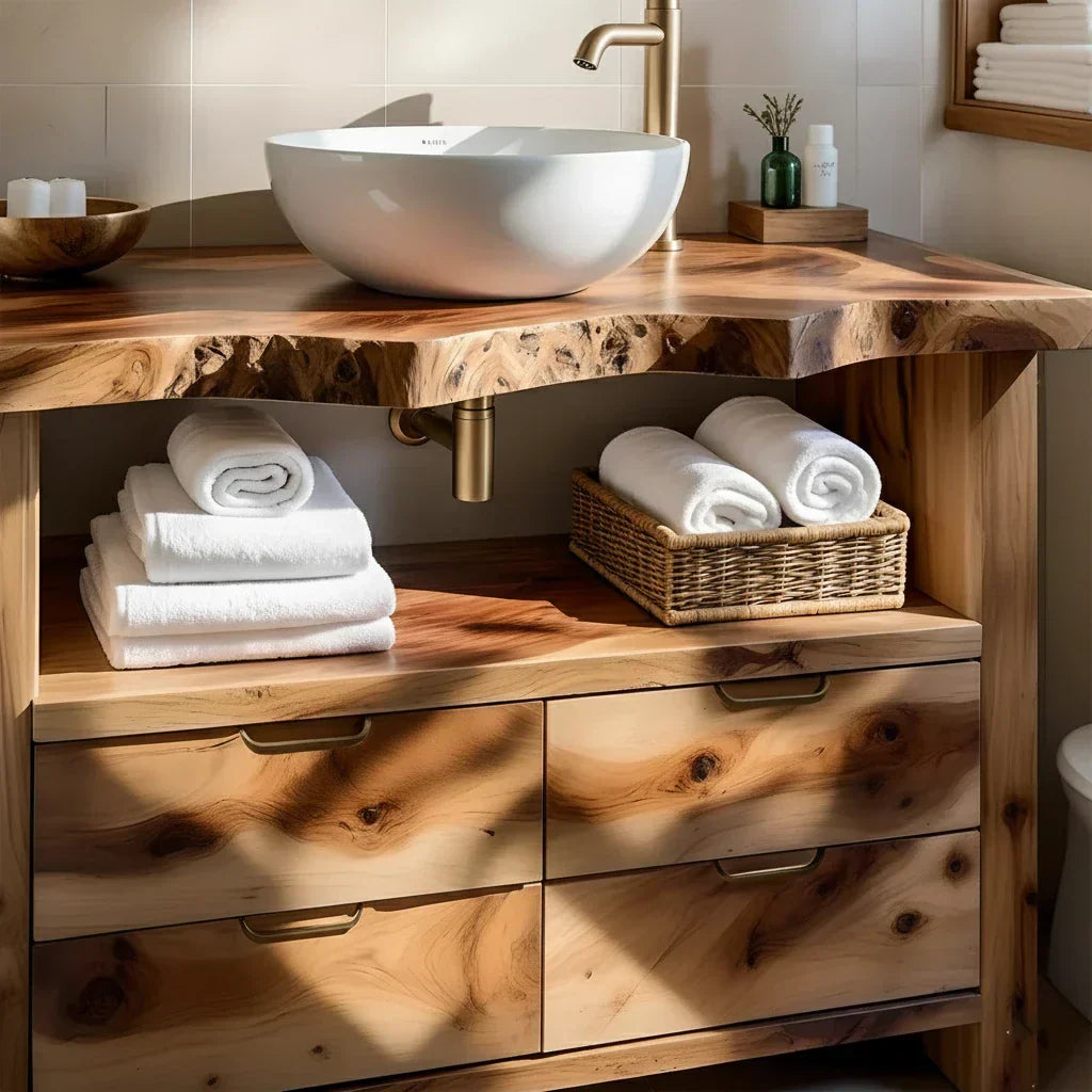 Natural Solid Wood Bathroom Vanity – Wabi-Sabi Live Edge Style - Woodenecho