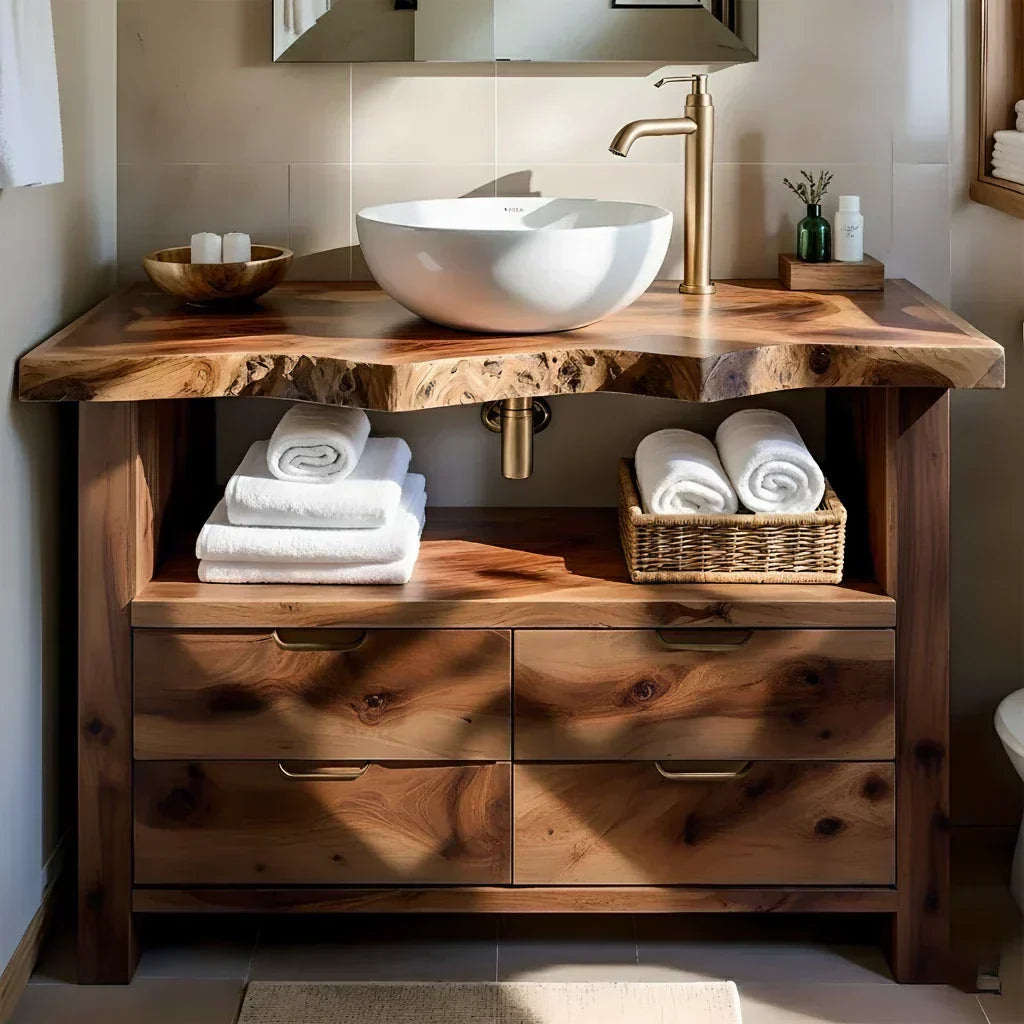 Natural Solid Wood Bathroom Vanity – Wabi-Sabi Live Edge Style - Woodenecho