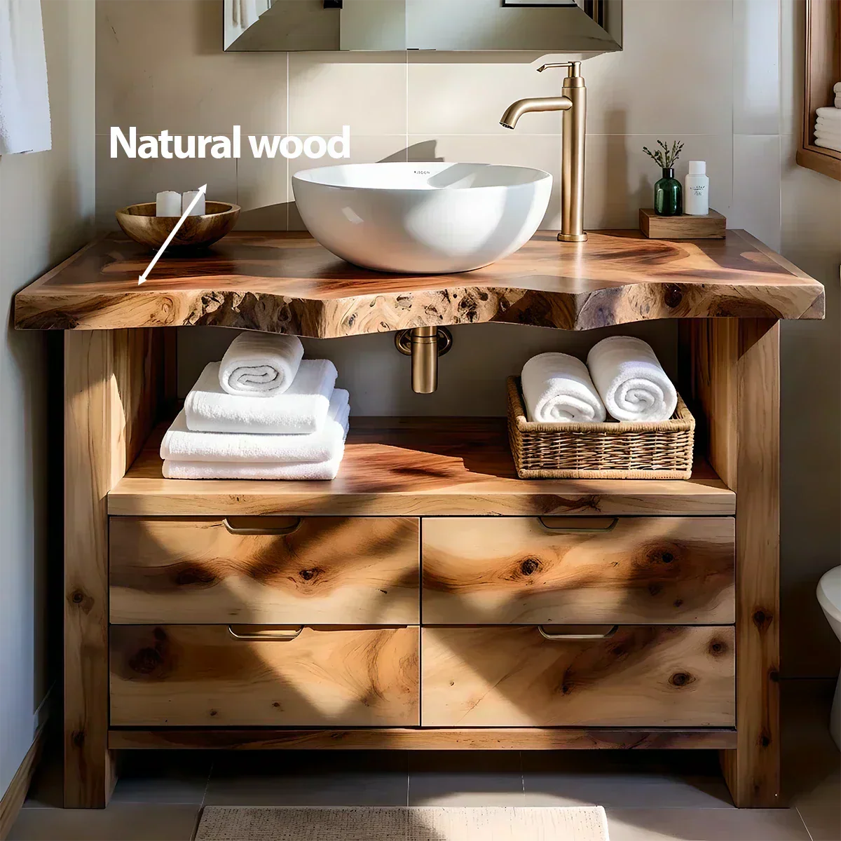 Natural Solid Wood Bathroom Vanity – Wabi-Sabi Live Edge Style - Woodenecho