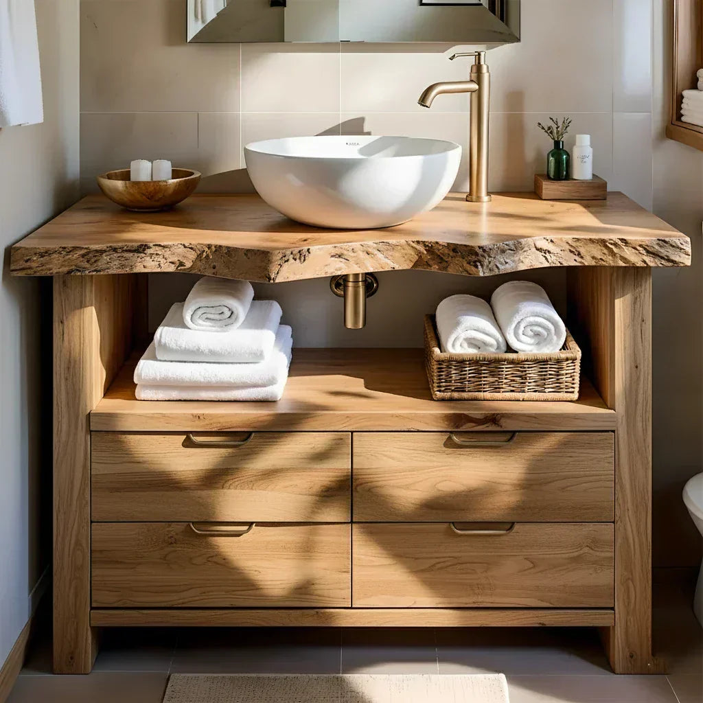 Natural Solid Wood Bathroom Vanity – Wabi-Sabi Live Edge Style - Woodenecho