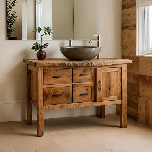 Natural Solid Wood Bathroom Vanity with Drawers & Cabinet — Handcrafted Wabi Sabi Design - Elitegemse