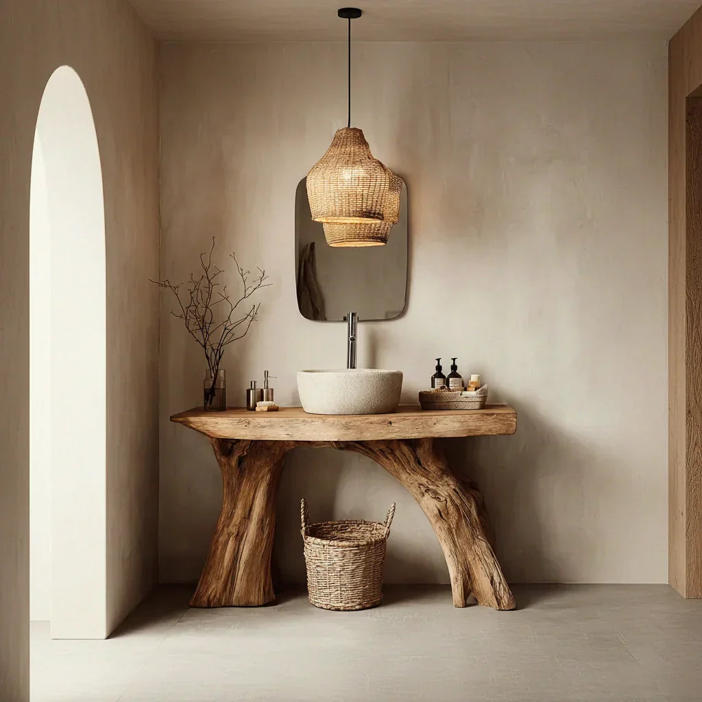 Natural Solid Wood Bathroom Vanity with Sculpted Root Base - Rustirawood