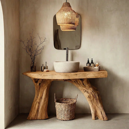 Natural Solid Wood Bathroom Vanity with Sculpted Root Base - Rustirawood