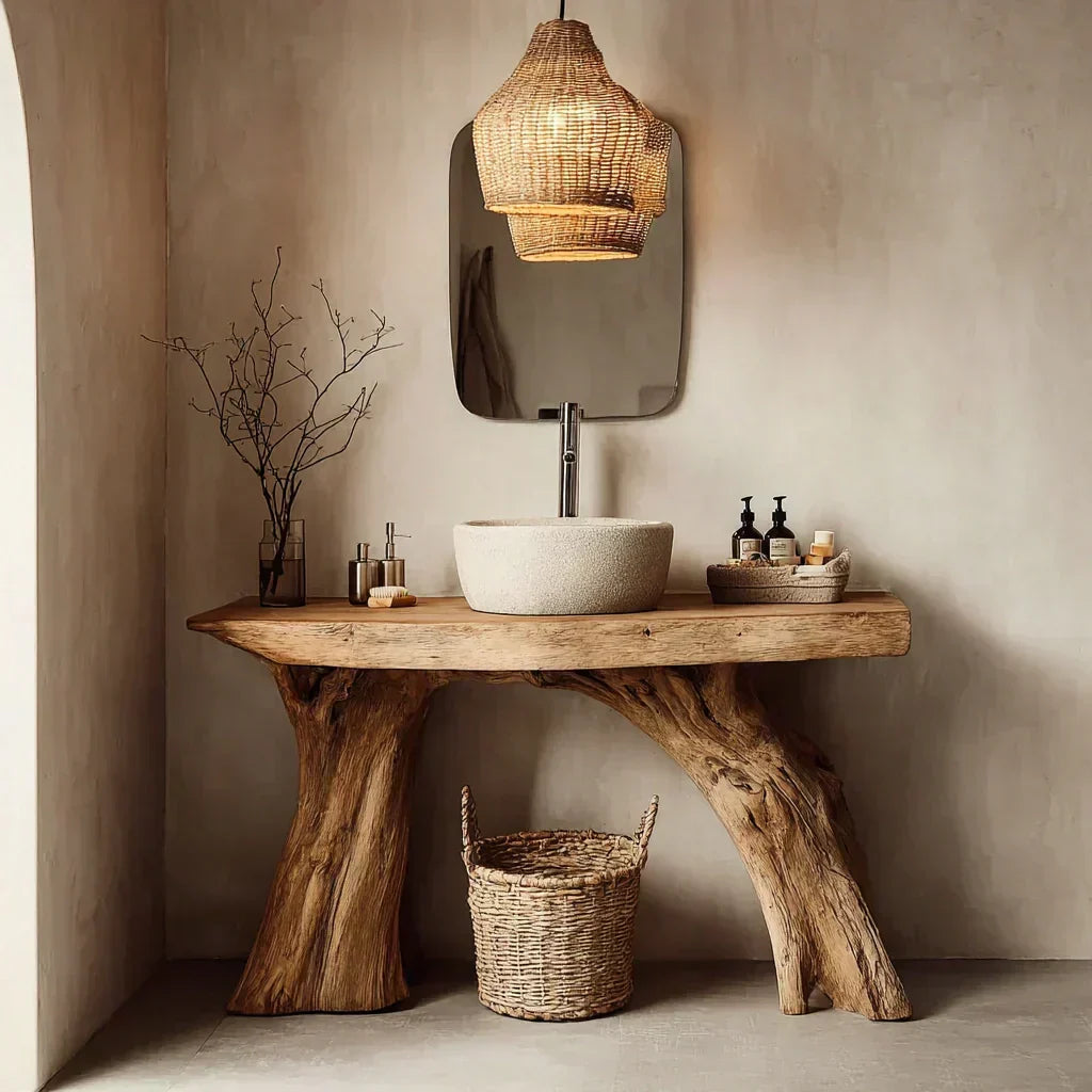 Natural Solid Wood Bathroom Vanity with Sculpted Root Base - Woodenecho